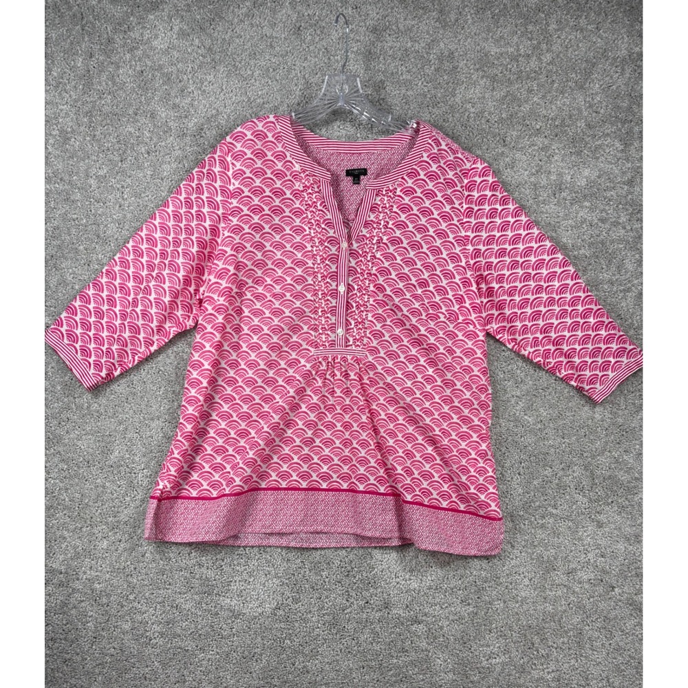 Talbots Plus 2X Pink White Cotton Scallop Print Split Neck 3/4 Sleeve Top BD2706